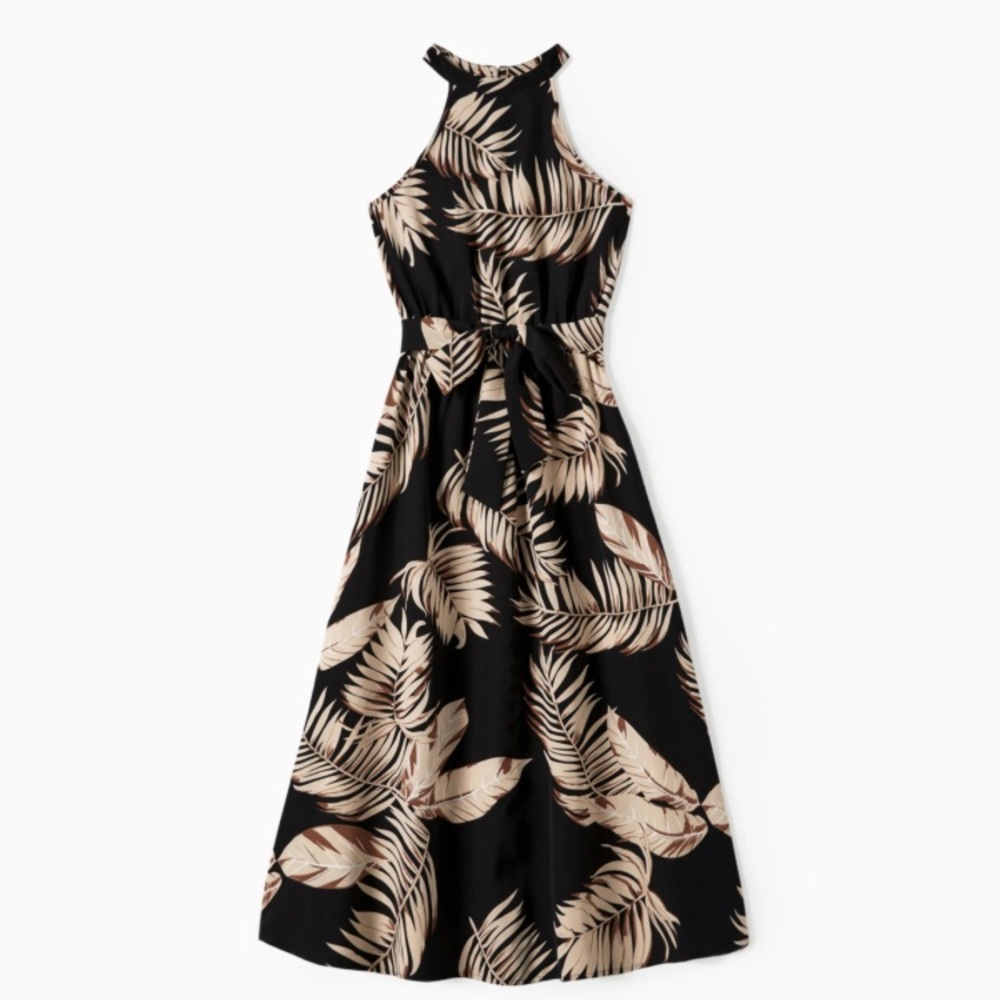 Black Tropical Outfits (Halter Dresses) with Leaves Pattern